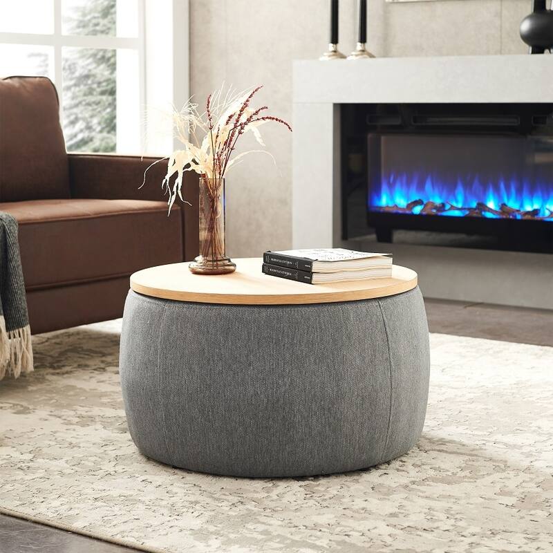 Round Storage Ottoman, 2 in 1 Function, Work as End table and Ottoman - Dark Grey - Small
