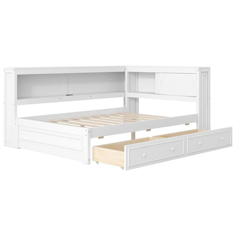 Wood Daybed with L-Shape Bookcase Built-in Light Strip and Charging Station, Full Size Captains Bed Optional Drawers or Trundle