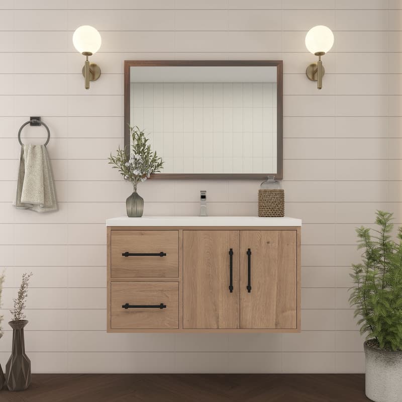 Victoria 36'' Wall-mounted Vanity (L) with Reinforced Acrylic Sink - 35.5 - Oak Finish - Red Oak