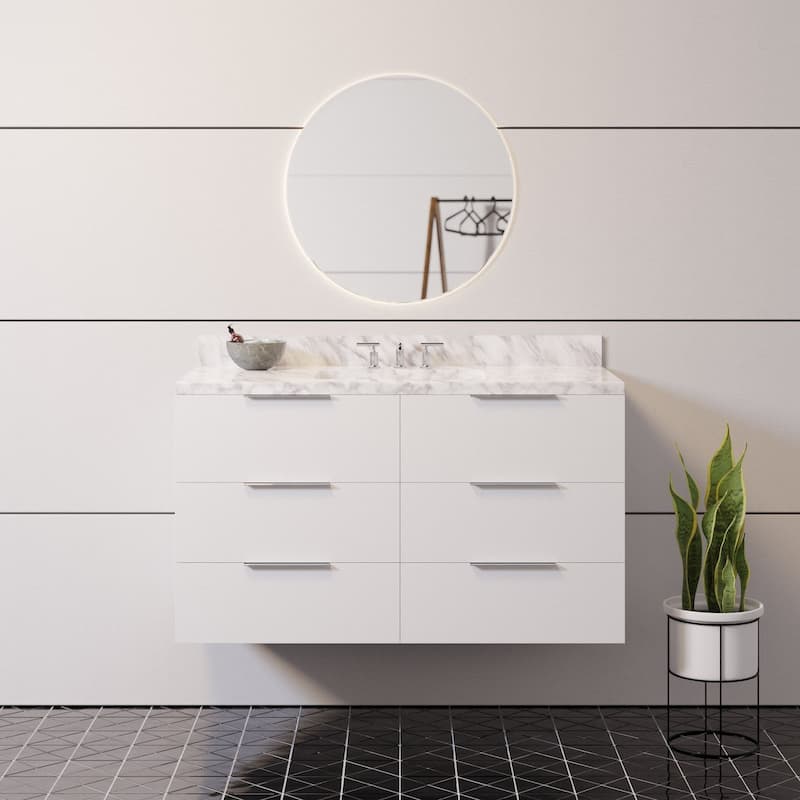 KitchenBathCollection Oslo 42" Floating Wall-Mounted Bathroom Vanity with Carrara Marble Top
