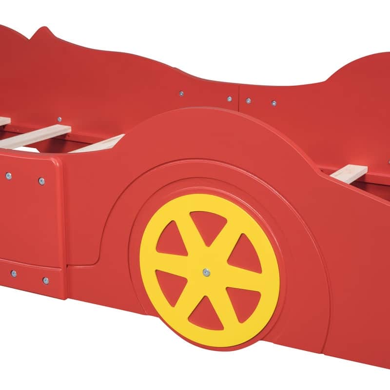 Twin Size Race Car-Shaped Platform Bed with Wheels, Black, Plywood, Bed Frame