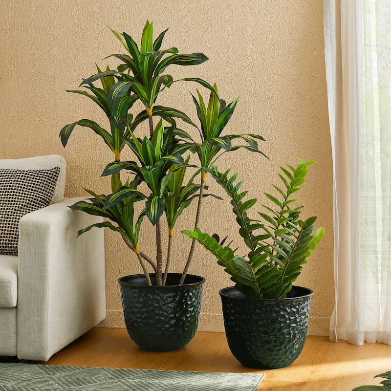 Glitzhome Honeycomb Textured Blue Green Faux Ceramic Pot Plastic Planter(Set of 2 / Set of 3)