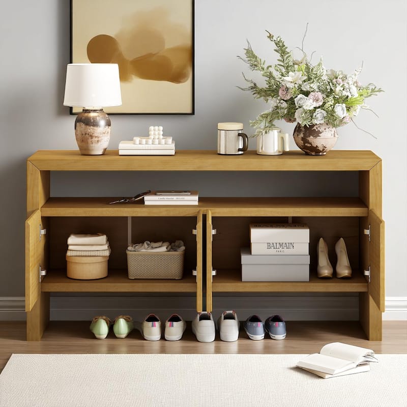 60" Modern Sideboard with 4 Doors and Open Shelf, Natural Wood Veneer Storage Cabinet for Entryway or Dining Room
