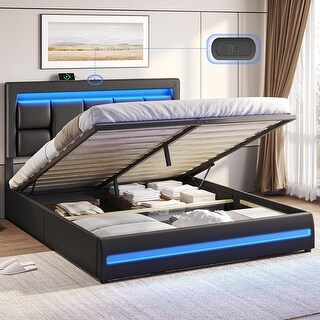 Lift Up Storage Bed Frame USB Ports LED Lights Headboard and Footboard ...