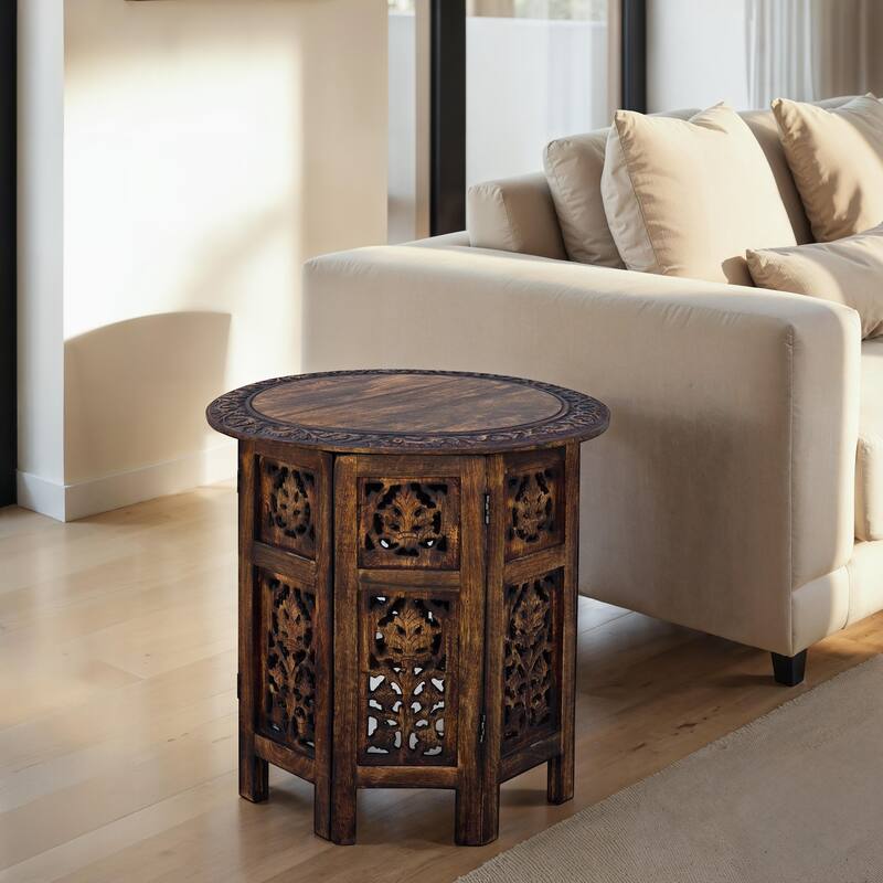 18 Inch Mango Wood Folding Accent Table, Hand Carved, Walnut Brown - Bown - Wood