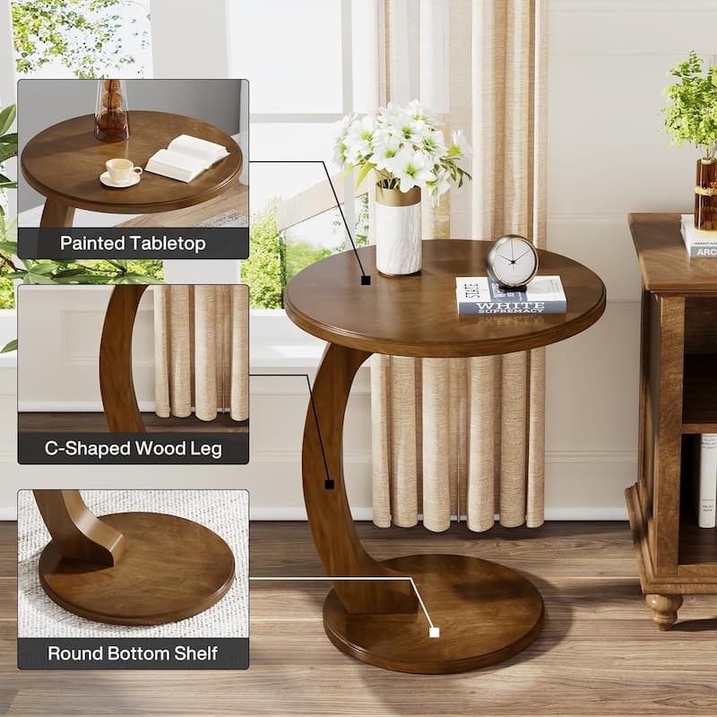 Solid Wood Round End Table Mid Century C-Shaped Side Table for Living Room & Bedroom
