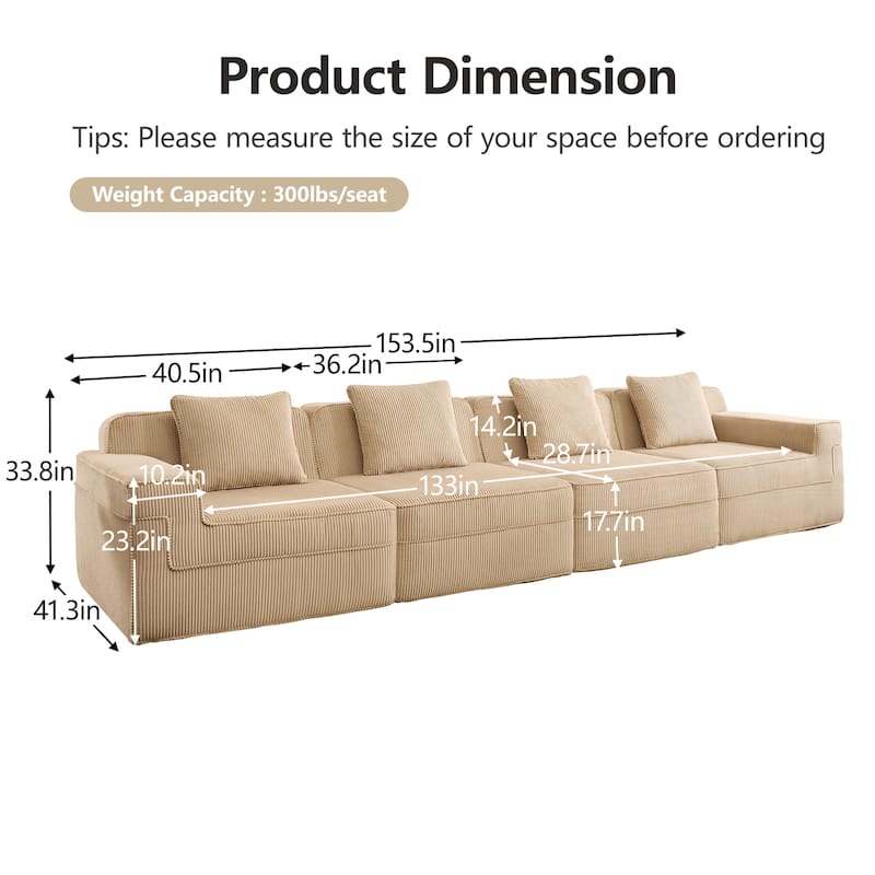 GDFStudio - Modular 4-Seater 153.5" Corduroy Boneless Cloud Sofa