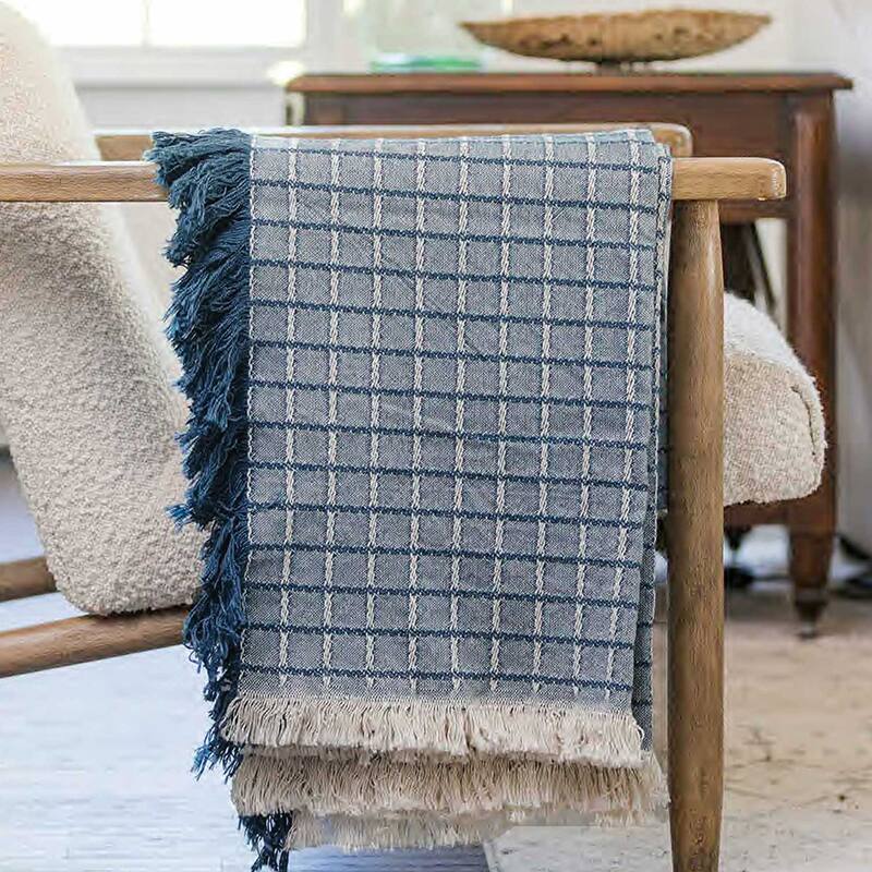 SQUARED UP BLUE Cotton Woven Throw Blanket By Kavka Designs Bed Bath
