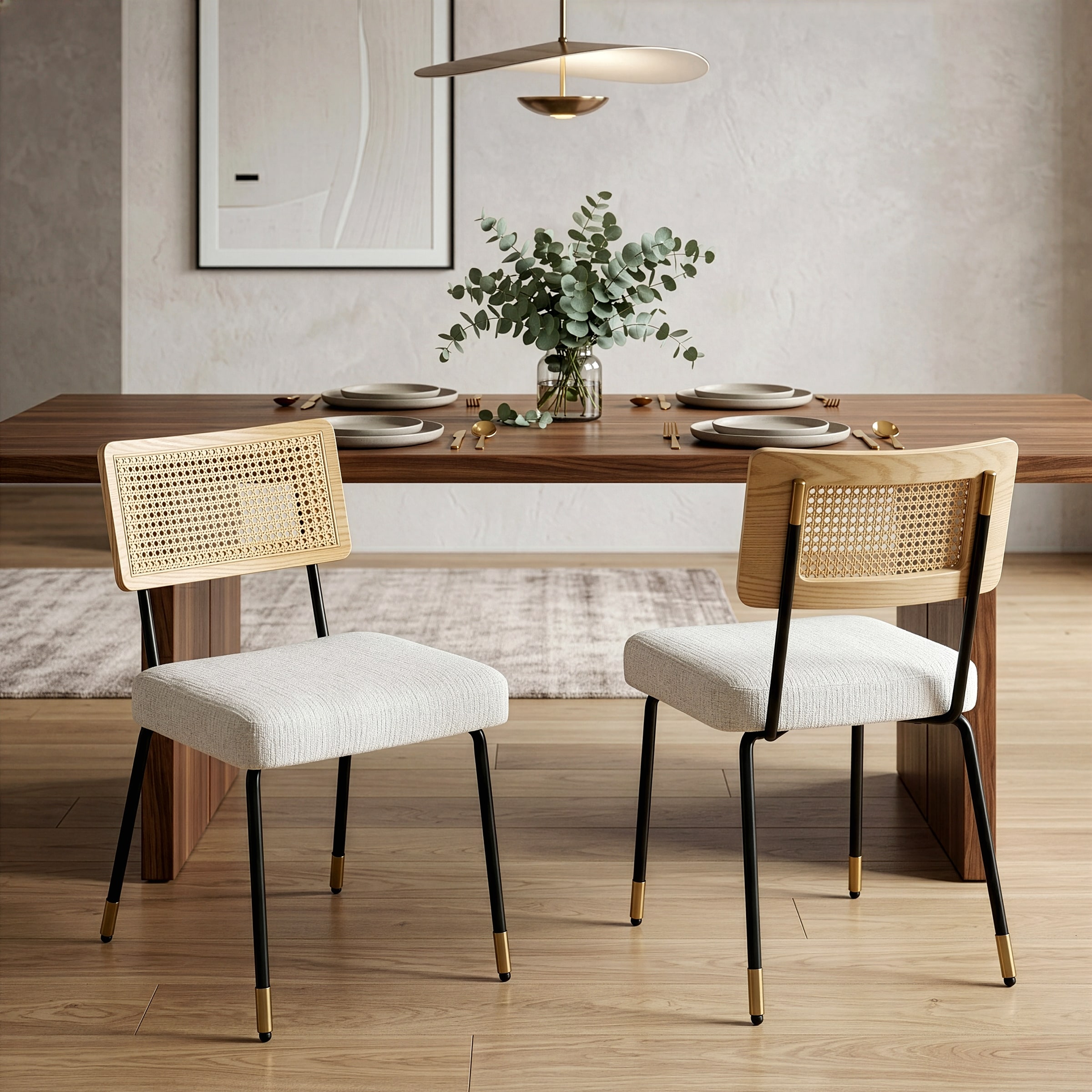 Bethari Beige Fabric Dining Chair with Rattan Back (Set of 2)
