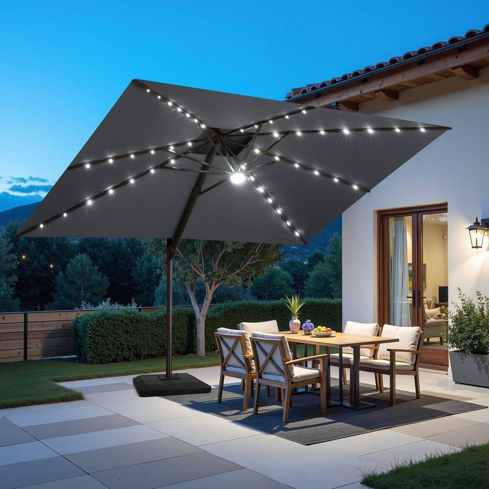 9 x11 FT Cantilever Patio Umbrella with Weighted Base, Double Canopy & LED Lights