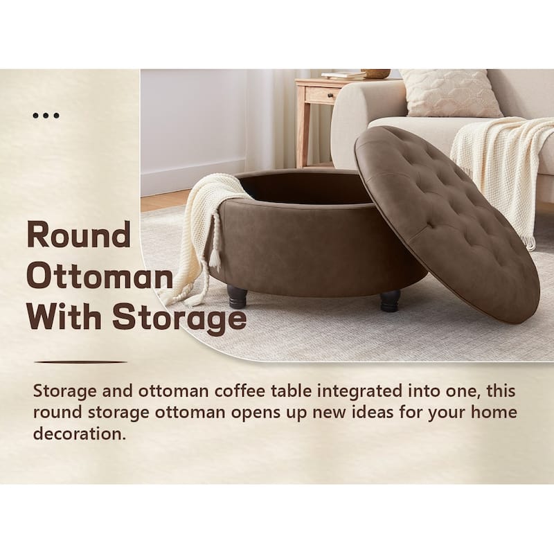 Tufted Round Storage Ottoman, Faux Leather