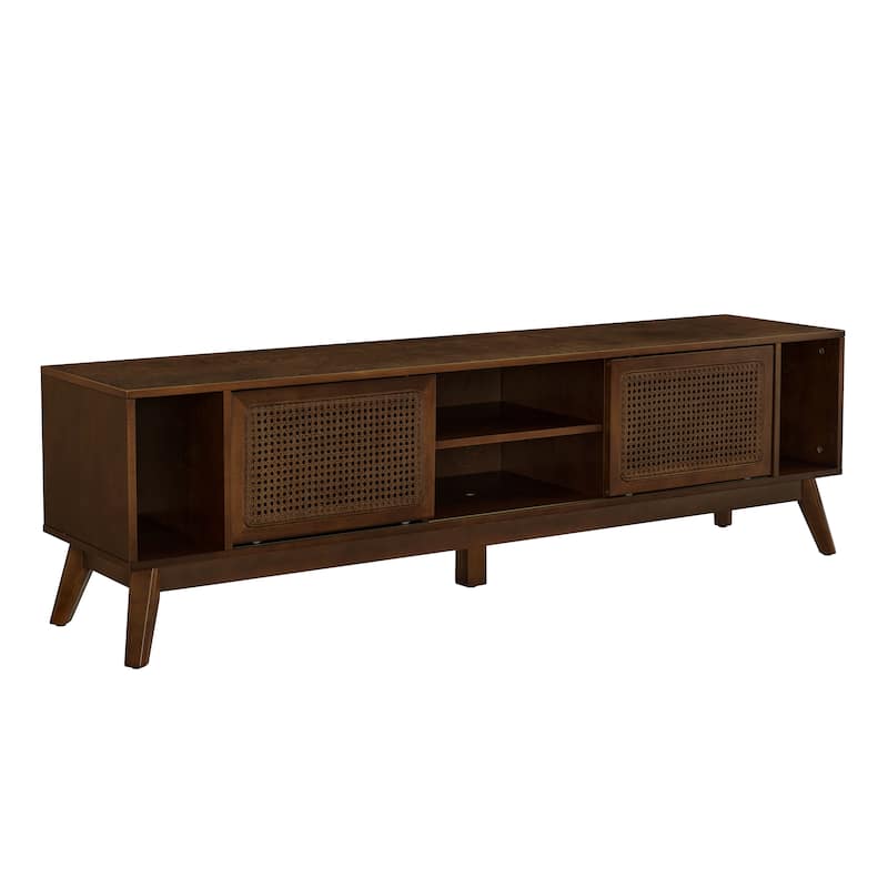 Mid Century Modern Rattan TV Stand Entertainment Center for TVs up to 75", Sliding Doors Television Cabinet TV Console