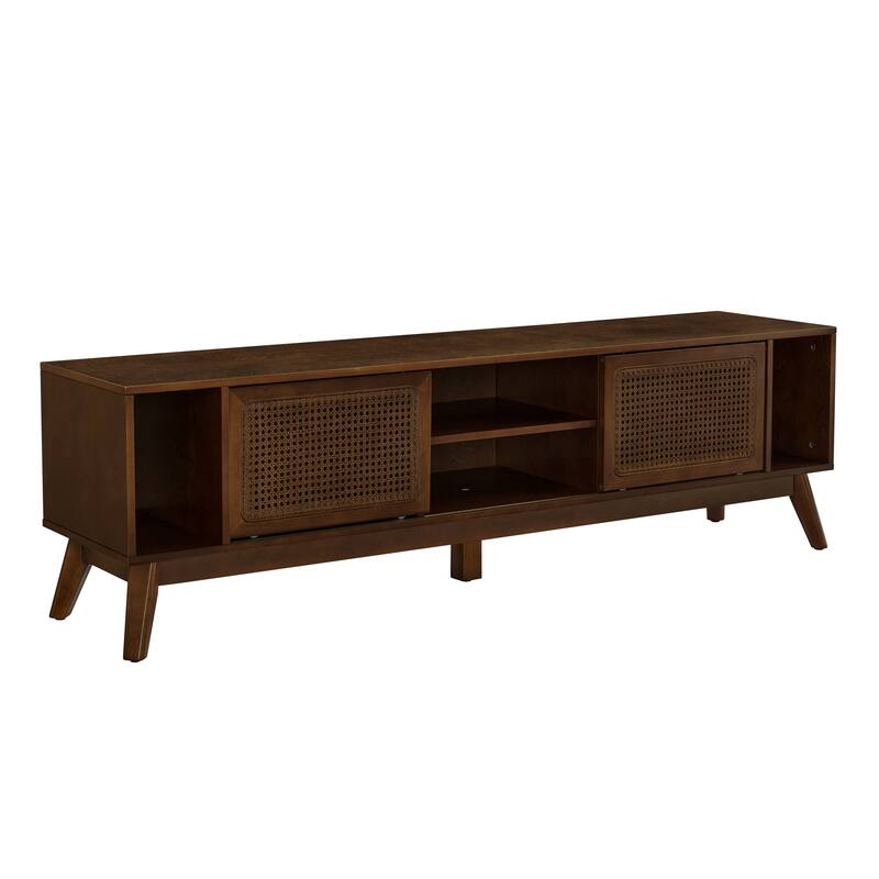 Mid-Century Modern Rattan TV Stand for TVs up to 75" with 2 Sliding Doors and Solid Wood Legs, for Living Room, Walnut