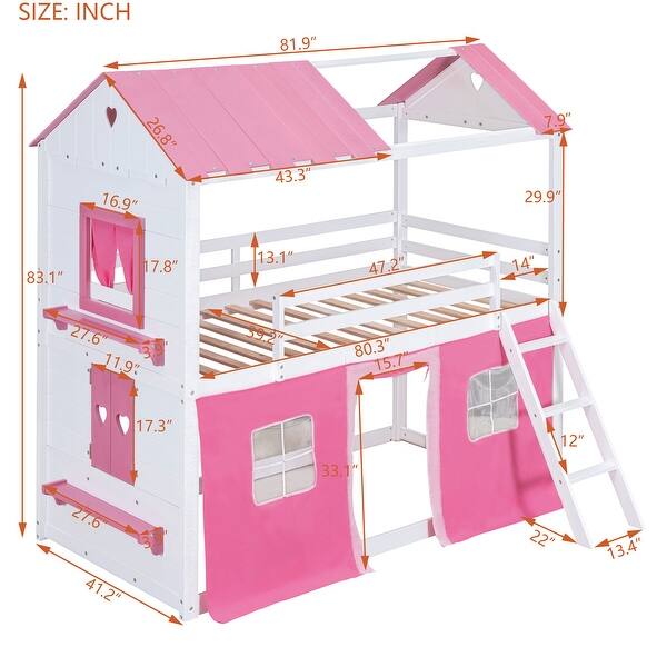 dimension image slide 1 of 2, House Bunk Wood Bed with Elegant Windows, Sills and Tent