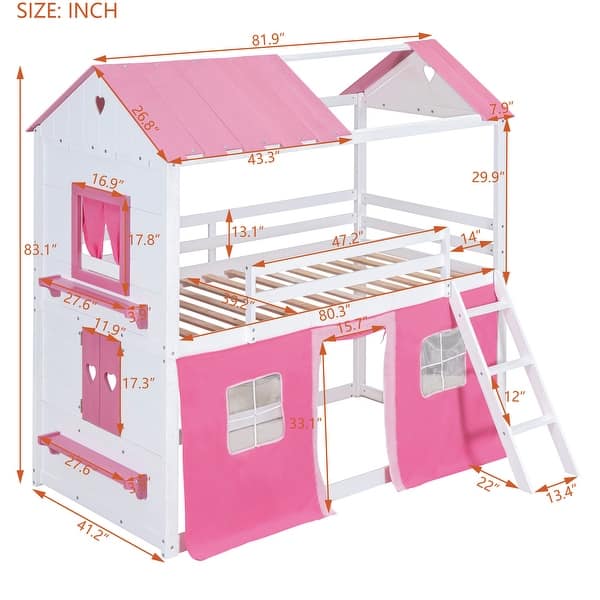 dimension image slide 0 of 2, Twin Size Wood House Bunk Bed with Elegant Windows, Sills and Tent