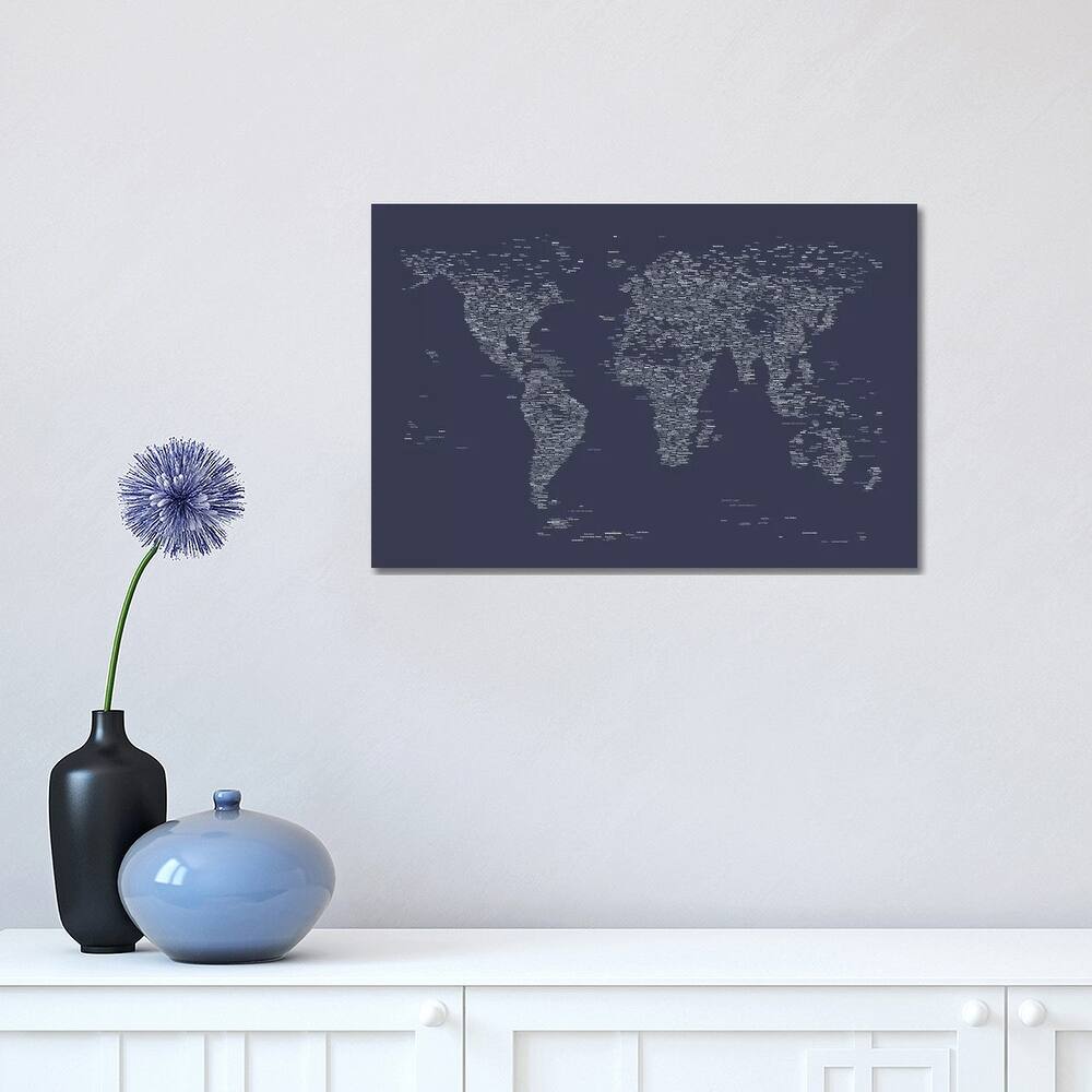 iCanvas "Font World Map (Navy Blue)" by Michael Tompsett Canvas Print