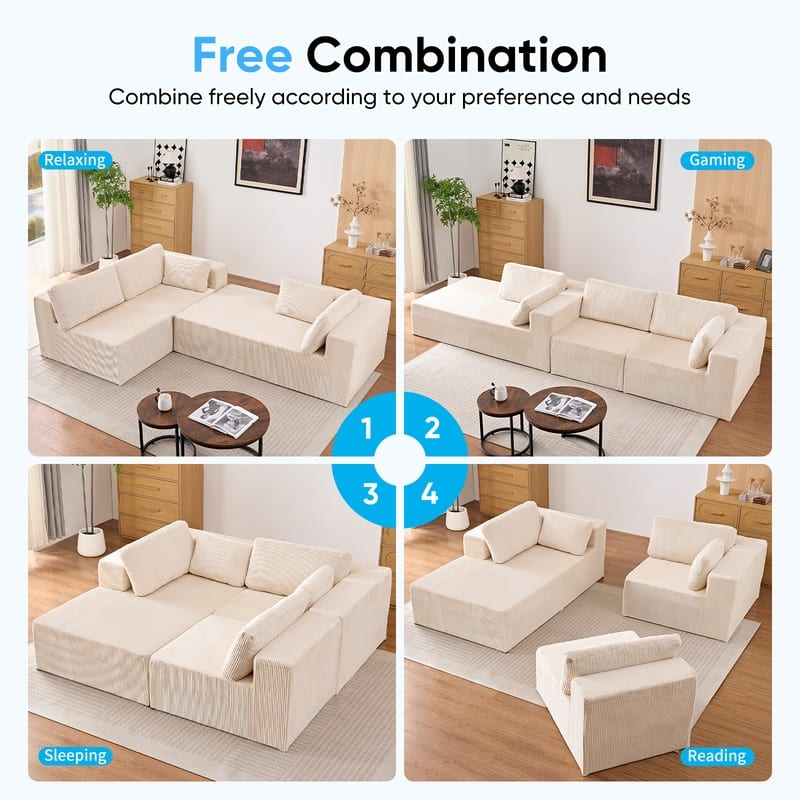 Mixoy 3-Pcs Free Combination Modular Sectional Sofas,Corduroy Compressed L-Shaped Sofa with Flexible Configuration - 3-Seater