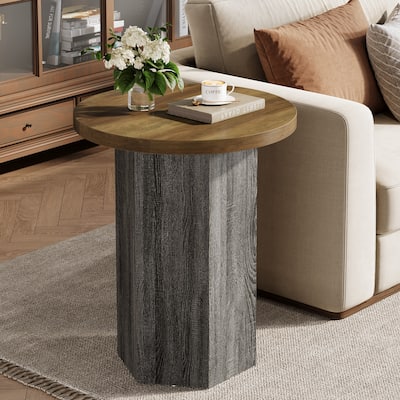 Round End Table, Farmhouse Wooden Drink Side Table with Hexagonal Pedestal