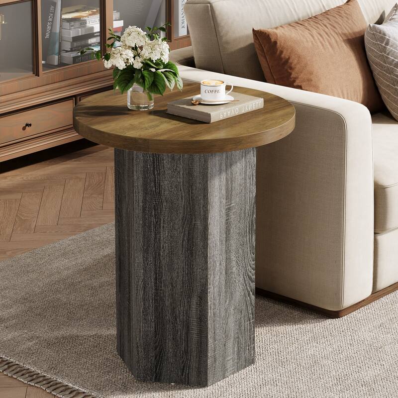 Round End Table Side Table with Pedestal for Sofa Couch Living Room - Brown+Grey