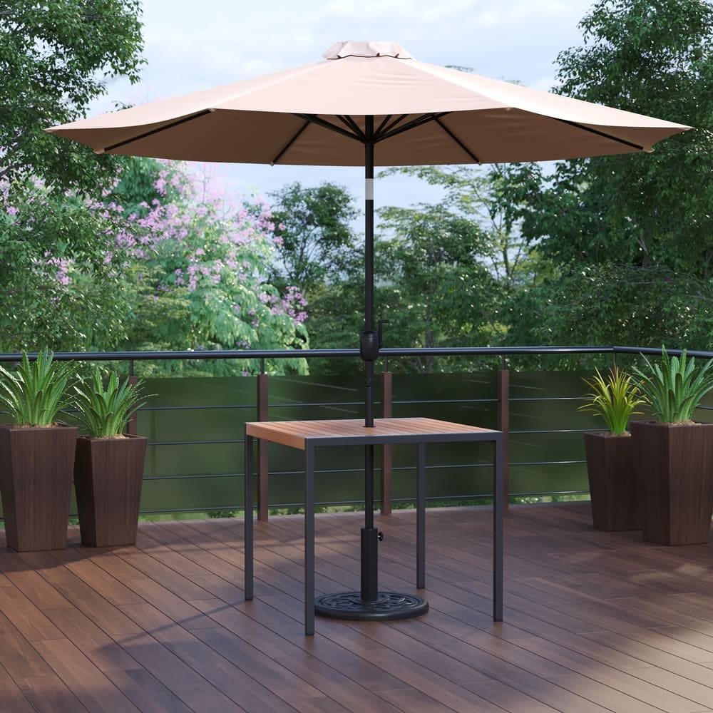 Black Steel Framed 35" Square Faux Teak Patio Table-Tan 9FT Patio Umbrella-Base