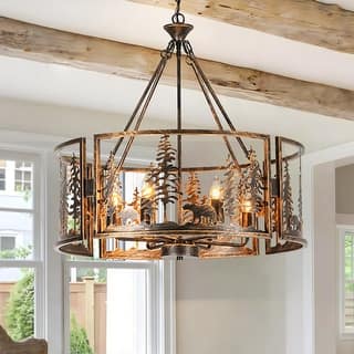 6-Light Black & Gold Iron Chandelier with Adjustable Chain for Rustic Lodge Spaces - 26 in. W x 26.4 in. H
