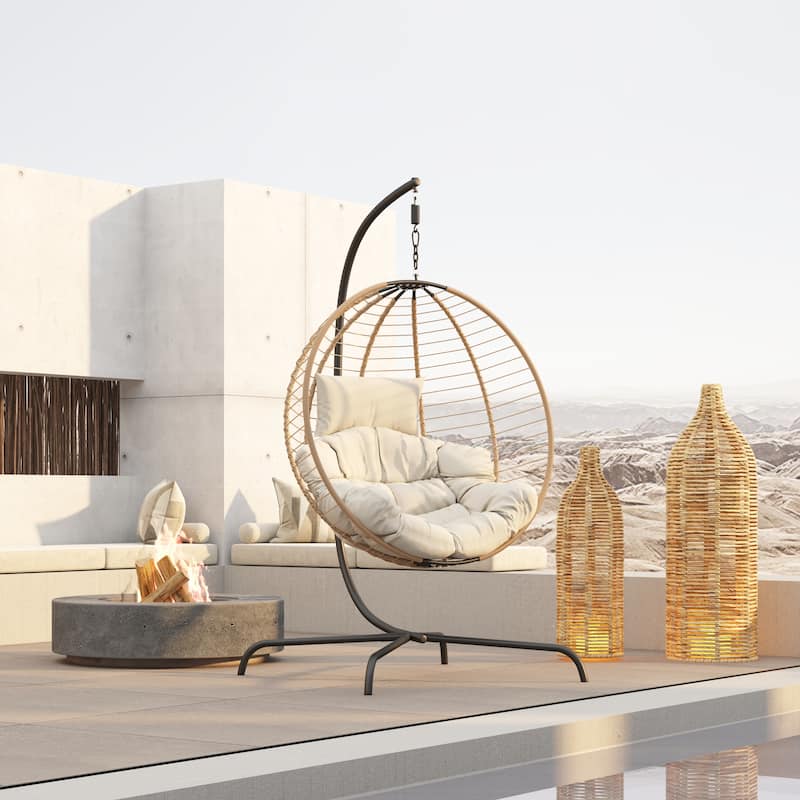 Juliet Indoor/Outdoor Wicker Hanging Chair with Stand by Christopher Knight Home - Brown+Beige