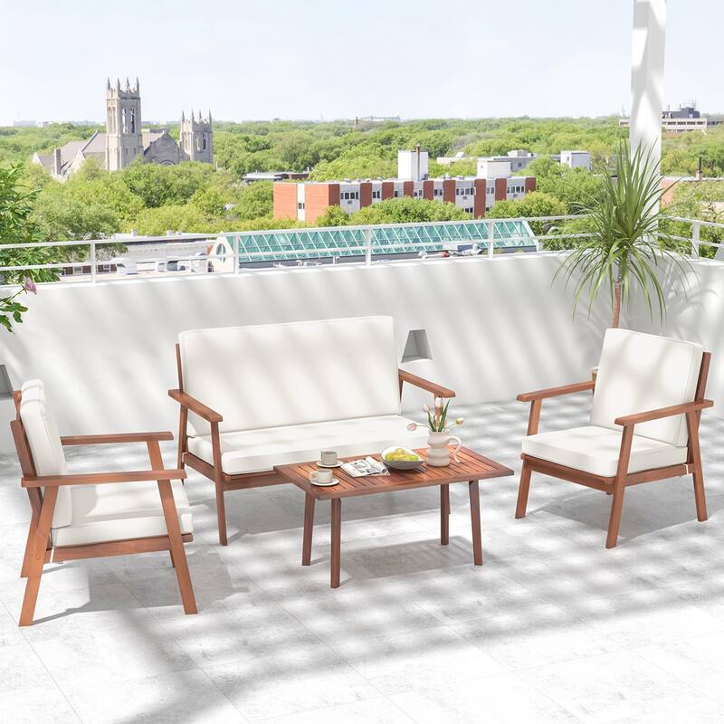 Costway 4 PCS Patio Conversation Set Acacia Wood Sofa Coffee Table - See Details - Off-White+Natural