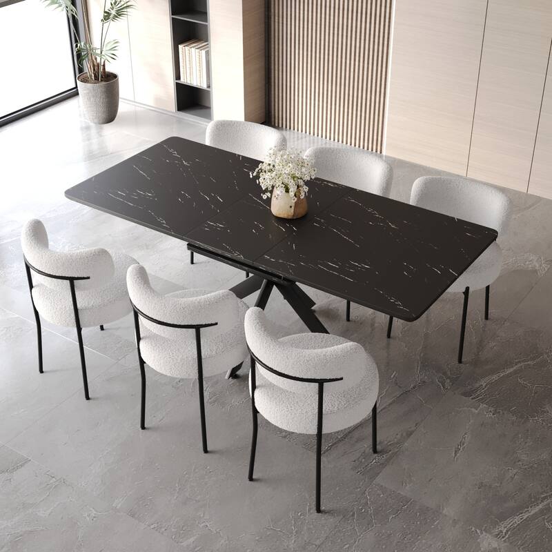 Upholstered Armless Chairs with Curved Backrest, Extendable Rectangular Dining Table, Stylish Table and Chair Set for 6
