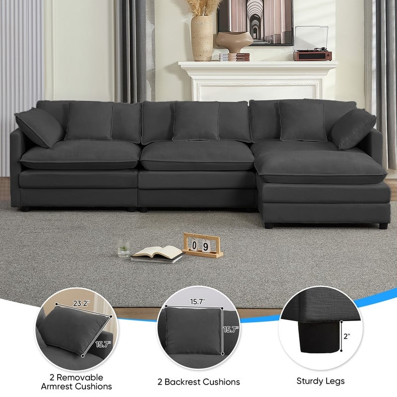 Mixoy 113''L-Shaped Modular Sectional Sofa,Modern Chenille 4-Seater Cloud Couch with Ottoman and Thickened Cushion