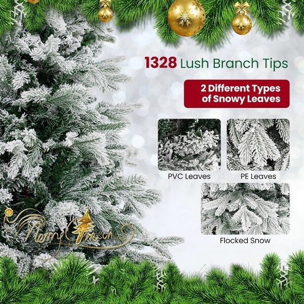 Gymax 4.5/6/7 FT Pre-Lit Snow-Flocked Artificial Christmas
