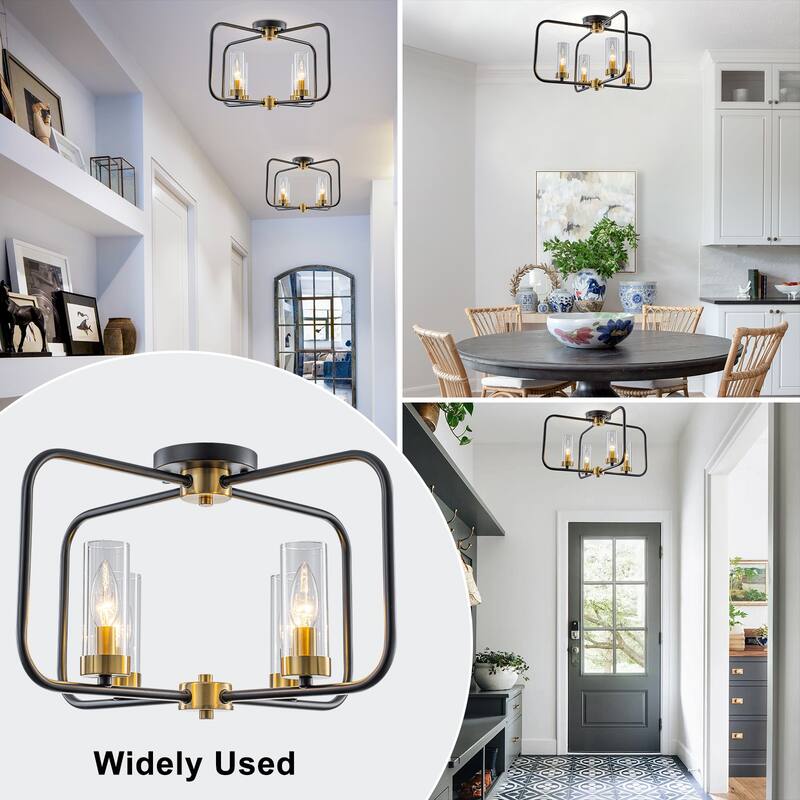 4 Light Industrial Black Metal Flush Mount Ceiling Light with Glass Tube Shade - Dia.20.28-in