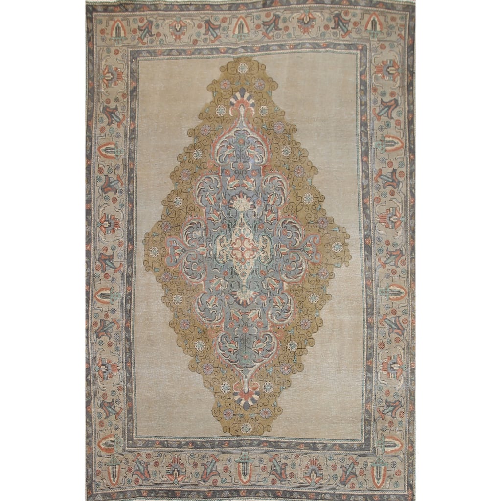 Hand Knotted Oriental 100% Wool Carpet Traditional Medallion Beige & Ivories Tabriz Area Rug - 10' 6'' X 7' 11''