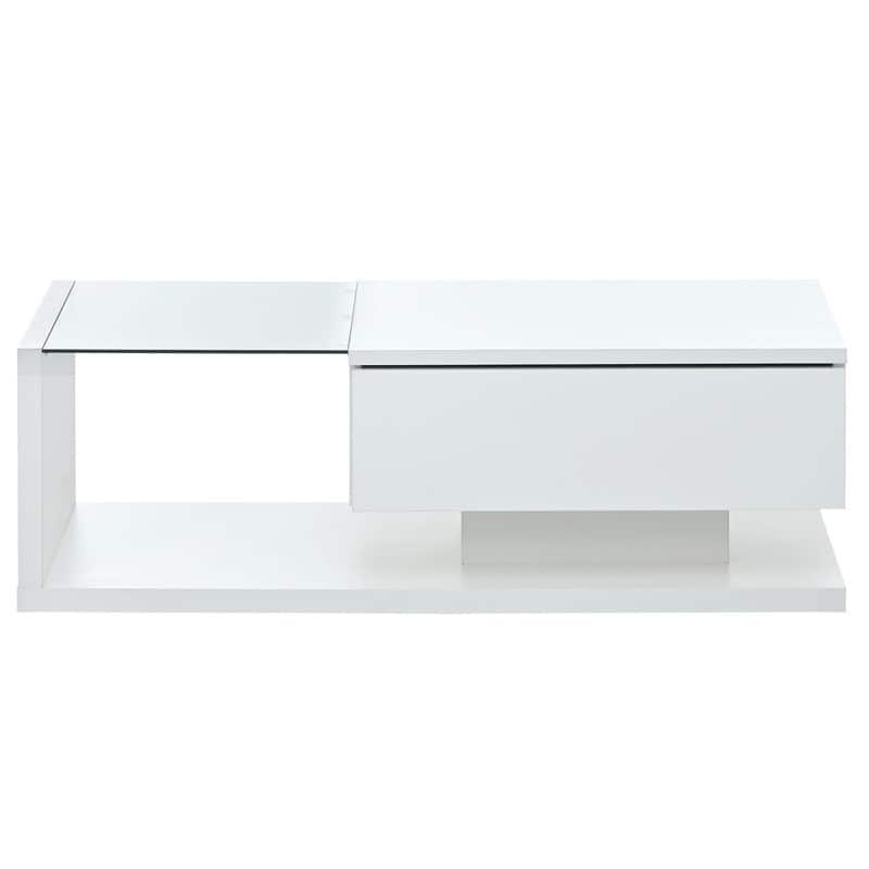 Modernist Glass & High-Gloss Wood Coffee Table with Drawer, 2-Tier Rectangular Center Table for Living Room
