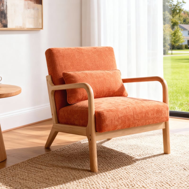 Mid Century Modern Armchair, Accent Chair with Solid Wood Frame and Detachable Lumbar Pillow for Living Room