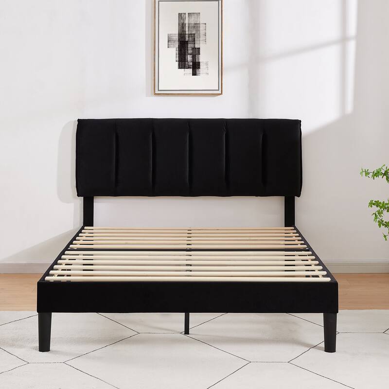 Upholstered Velvet Upholstered Bed Frame with Adjustable Height Headboard No Box Spring Needed Platform Bed Under Bed Storage