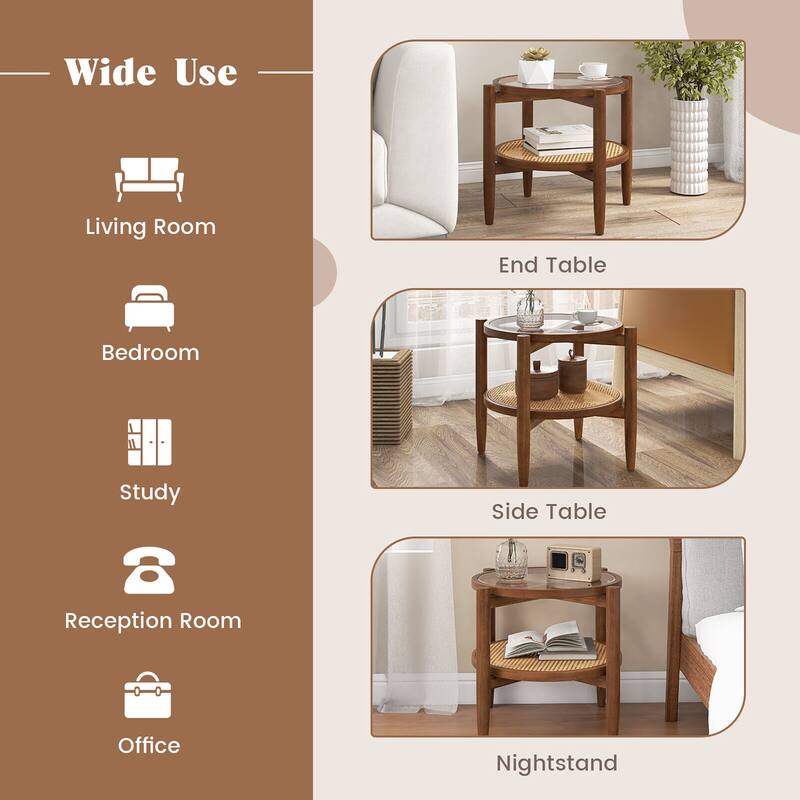Gymax 2 PCS 2-Tier Round Side End Table PE Rattan Nightstand Tempered