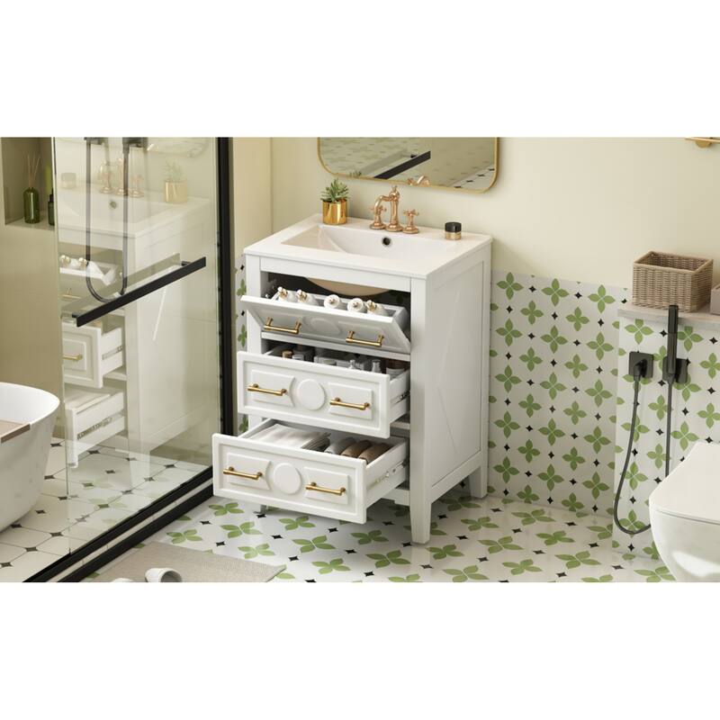 Roomfitters 24 Inch Bathroom Vanity with Ceramic Sink Combo, Free Standing Solid Wood Frame Cabinet with 3 Sliding Tiers
