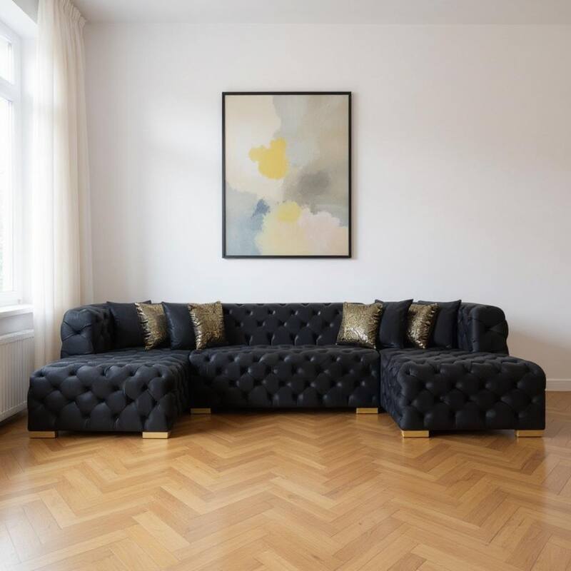 HomeRoots Tufted Black Velvet Modular U Shaped Sofa and Chaise Sectional With Toss Pillows - Symmetrical