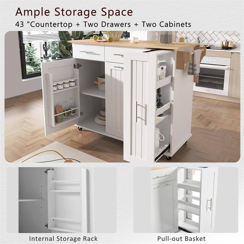Kitchen Island with Drop Leaf and 3 Tier Pull Out Cabinet Organizer, Rolling Kitchen Cart on Wheels w/ 2 Drawers & Storage Rack