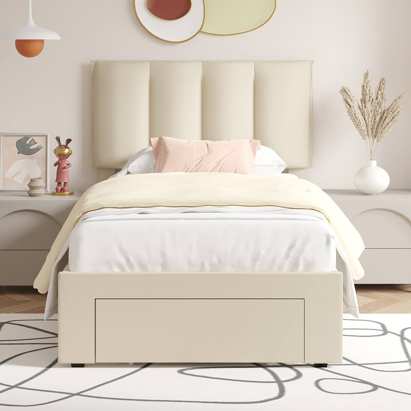 VECELO Set of 2 Kids Bed Frame with Storage Drawer Height Adjustable Upholstered Bed Twin Size Bed