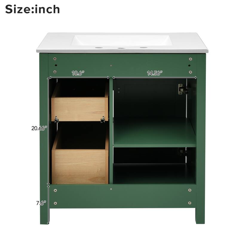 30-Inch Bathroom Vanity with Ceramic Sink Top, Freestanding Bathroom Vanity Cabinet with 1 Soft Close Door, 3 Drawers and Shelf