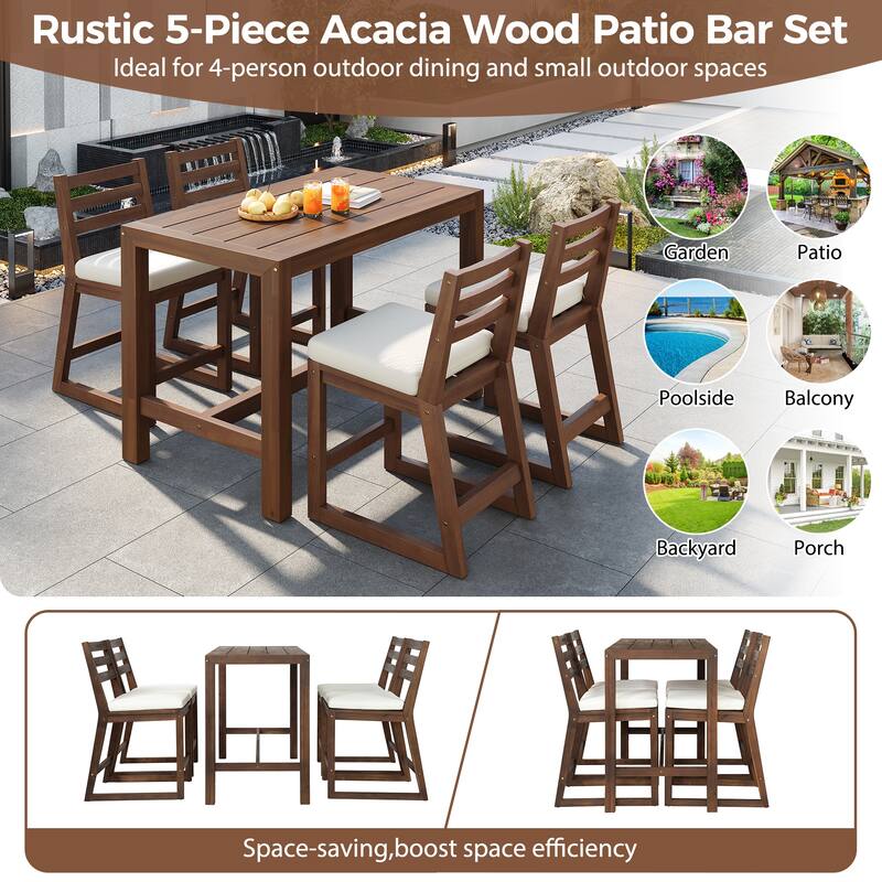 Rustic Patio Bar Set, 5-Piece Outdoor Furniture with Ergonomic Chairs and Solid Wood Tabletop