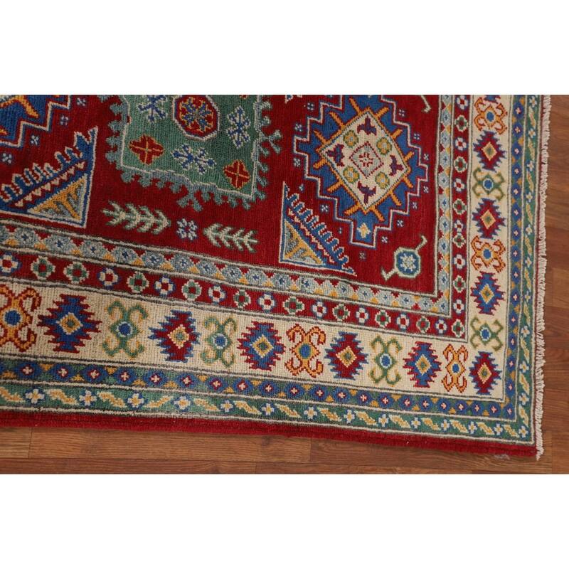 Red Geometric Kazak Oriental Foyer Rug Hand-Knotted Wool Carpet - 3'4" x 5'0"