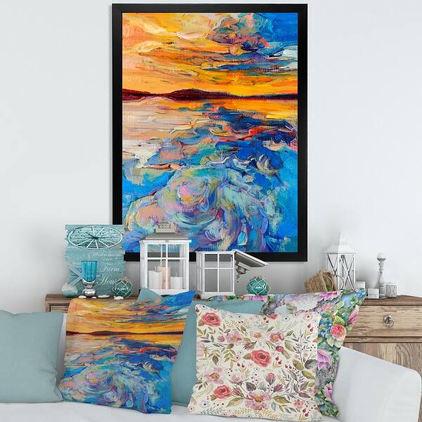 slide 2 of 10, Designart "Orange Sunset Over Whirly Blue Waves" Nautical & Coastal Framed Art Print 12 In. Wide x 20 In. High - Black
