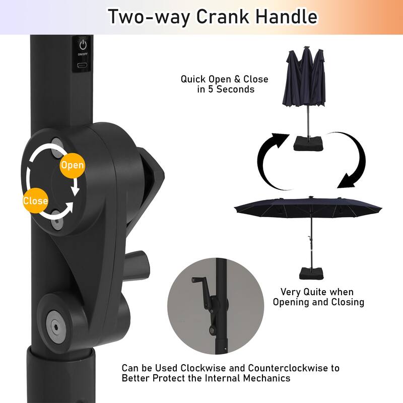 180'' x 108'' Rectangular Fiberglass Lighted Market Umbrella with Base