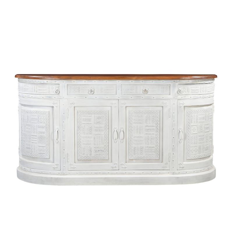 HomeRoots 69" White And Brown Solid Wood Carved Geometric Four Drawer Four Door Sideboard - 69.00 in. x 36.00 in. x 18.00 in.