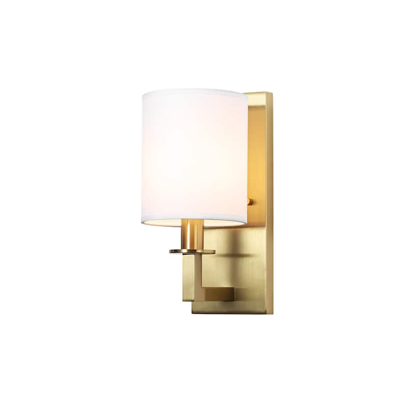 1-Light 5.5" W Modern Gold Cylinder Metal Flush Mount Wall Sconce/Bathroom Vanity Light with White Fabric Shade