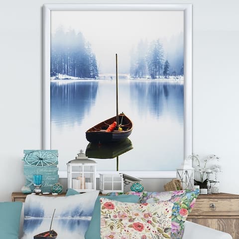 Designart 'Empty Boat On Blue Lake' Lake House Framed Art Print