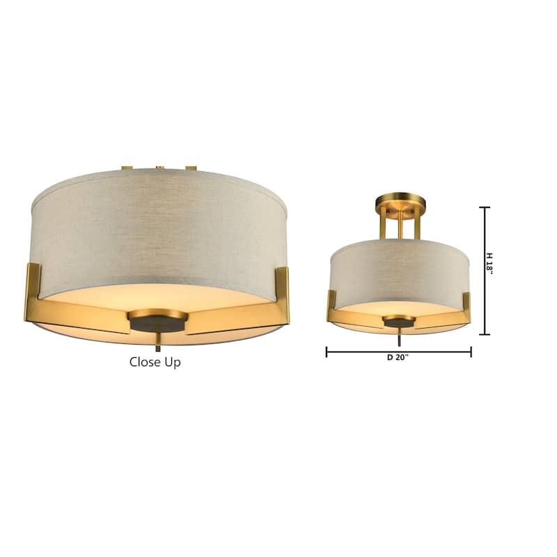 3 Light Antique Brass Flush Mount With A Natural Linen Drum Shade