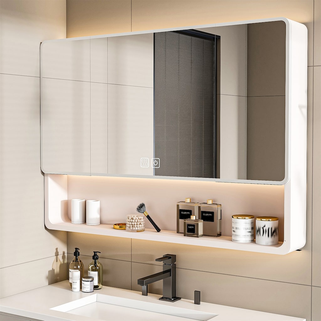 Mirror Cabinet with 3 Colors LED Light,Defogging and Hair Dryer Holder